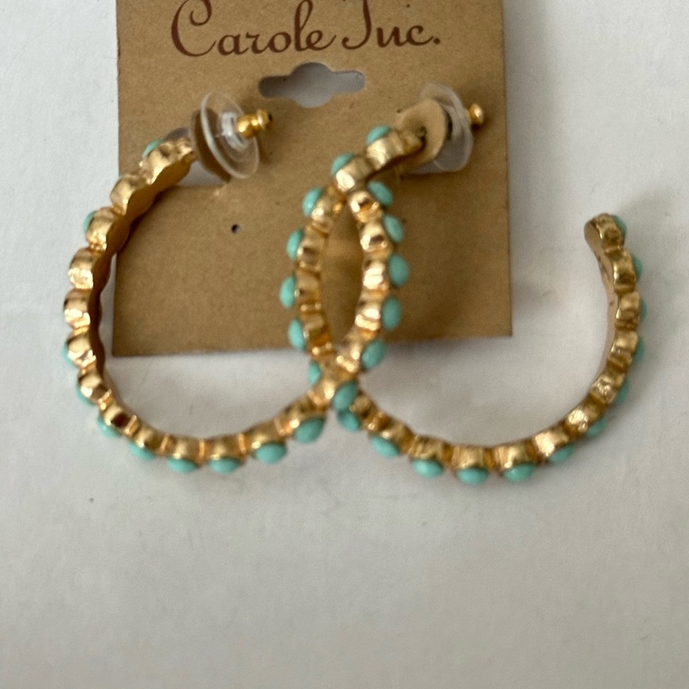 Carole Inc. jewelry gold tone turquoise tone stone open hoops
